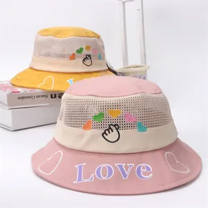 Breathable summer mesh bucket hats for toddlers with heart embroidery and Love print