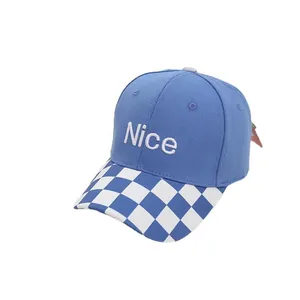 Sky blue kids baseball cap with Nice embroidery and checkered brim design