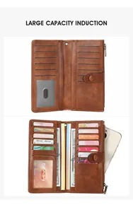 Détail du portefeuille long marron avec fentes pour cartes et compartiment pour smartphone