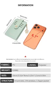 Detailed size and structure guide for light green PU leather wallet with 9 card slots