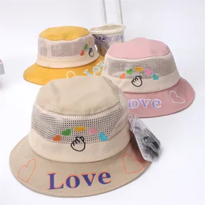 Kids breathable sun protection bucket hats with Love print and heart embroidery mesh detail