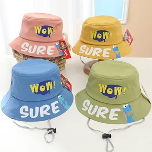 Kids Fisherman Hat Cartoon Dinosaur Letter Print Sun Protection Bucket Hat With Adjustable Windproof Rope Boys Girls Outdoor Cotton Cap