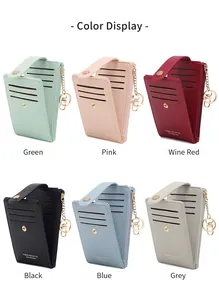 Detailed grid display of multi-color PU leather card holders with zip pocket and key ring