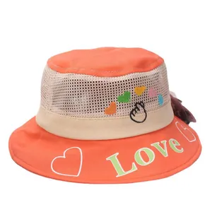 Kids orange mesh bucket hat with Love heart embroidery and breathable design