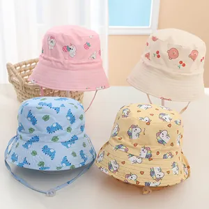 Baby Kids Sun Bucket Hat With Windproof Strap Cartoon Dinosaur Unicorn Print Soft Cotton Fisherman Hat For Toddler Boys Girls Summer Outdoor