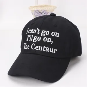 Classic black cotton baseball cap with white embroidered quote and curved brim