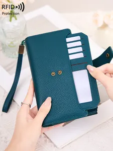 Deep teal pebble leather RFID long wallet for women with multiple card slots and strap