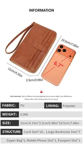Detail of vintage brown multi-functional long wallet with 10 card slots and passport pouch