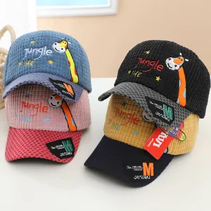 Kids Corduroy Peaked Baseball Cap Warm Autumn Winter Hat With Cartoon Giraffe Plaid Pattern For Toddler Boys Girls