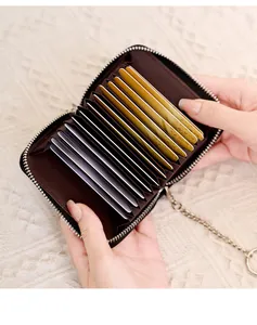 Detailed view of RFID card holder with multiple accordion slots and metal keychain