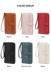 Matrix display of vintage long zipper wallets in brown, pink, red, black, and blue