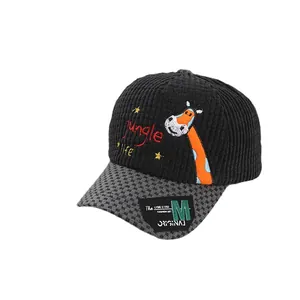 Kids corduroy baseball cap with giraffe embroidery and plaid brim on white background