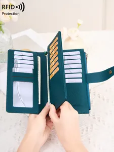 Teal RFID blocking long purse with lychee texture and multiple card slots