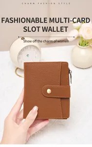 Brown litchi grain leather wallet for women with RFID protection and snap button closure