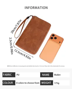 Guide des tailles détaillé du portefeuille passeport RFID vintage en cuir PU marron avec mesures