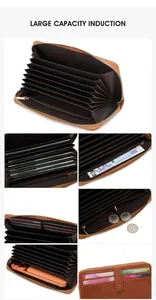 Detail of vintage large capacity wallet showing card slots and zipper compartment for phone