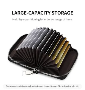 Macro view of RFID-blocking accordion card holder with leather texture and silver zipper
