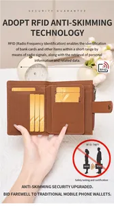 Detail view of brown RFID blocking leather wallet with multiple card slots and zipper pocket