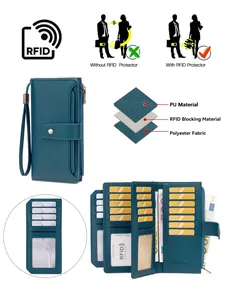 Deep teal RFID blocking long wallet with lychee pattern PU leather and multi-card slots