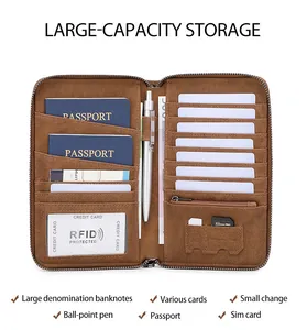 Detail of RFID blocking travel wallet interior showing card slots and passport pockets