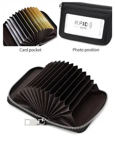 Detail of RFID blocking card holder featuring leather texture and multi-slot design