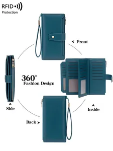 Deep teal RFID blocking leather wallet for women with multi-card slots and wristlet strap