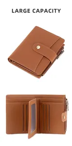 Detail view of large capacity brown leather wallet showing card slots and snap button