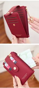 Detailed interior of dark red PU leather wallet showing multiple card slots and zipper pocket