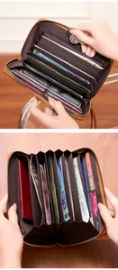 Detailed view of the brown leather wallet with multiple card slots and passport compartment