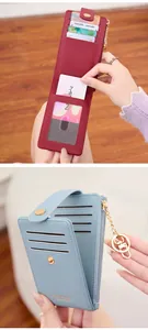 Detail of PU leather wallet showing card slots, ID window, and zipper coin pocket