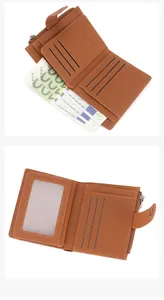 Macro view of brown RFID wallet showing interior card slots and zipper compartment