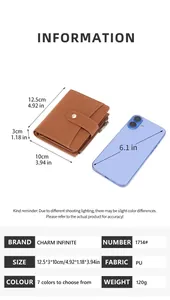 Brown RFID blocking wallet size guide showing 12.5x3x10cm dimensions next to a 6.1-inch phone