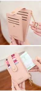Detailed close-up of pink PU leather multi-slot card holder with gold zipper and keychain