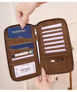 Internal layout of brown travel wallet with RFID blocking slots for passports and cards