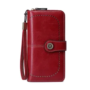 Deep red oil wax leather long wallet with RFID protection and cutout design