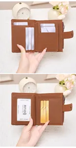 Detailed interior of brown tri-fold RFID leather wallet with card slots and ID window
