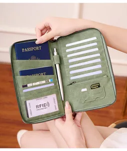 Internal view of green RFID blocking travel passport wallet with multiple card slots