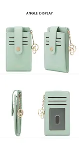 Multiple views of mint green PU leather wallet with card slots and golden chain detail