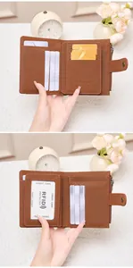 Detail view of brown leather RFID wallet interior with multiple card slots and coin pocket