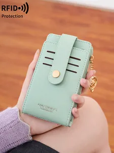 Women RFID Protection PU Leather Wallet Multi Slot Card Holder Zipper Coin Purse Clear ID Window Keychain Card Case
