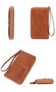 Multi-angle views of a vintage brown long leather wallet with zipper and wrist strap