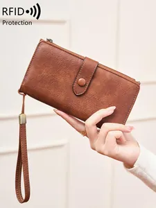 Portefeuille pour Femmes avec Protection RFID en Cuir PU Vintage Grande Capacité Long Plié en Deux Pochette avec Emplacements pour Cartes Poche Zippée Dragonne