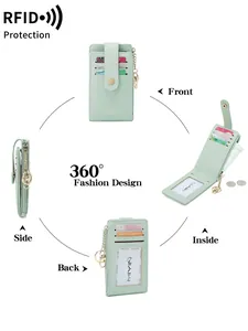 Mint green women's RFID folding wallet with multiple card slots and gold chain detail