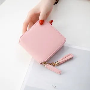 Pink square faux leather mini wallet with gold zipper and stylish tassel for women