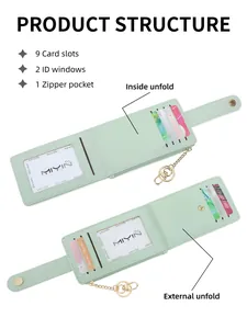 Mint green PU leather long wallet featuring multiple card slots and secure zip coin pocket