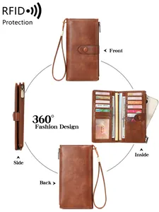 Portefeuille femme marron en cuir avec protection RFID, dragonne et 11 emplacements