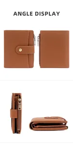 Brown faux leather RFID wallet detail showing front, back, side and bottom views