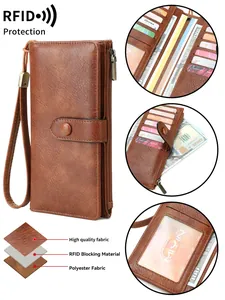 Portefeuille long vintage pour femme en cuir marron avec protection RFID et dragonne chic
