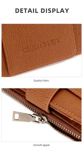 Detail display of brown lychee grain leather wallet with smooth metal zipper and logo