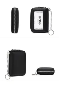 Detailed views of RFID blocking leather card holder with secure keychain and zip closure